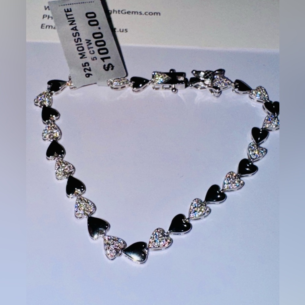 14k White Gold Vermeil VVS Diamond Heart Bracelet, 5ctw GRA certified Moissanite - Picture 6 of 7
